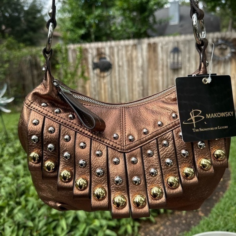 New ▶️ B Makowsky ◀️ Bronze Studded Fringe Leather Crossbody with Dustbag